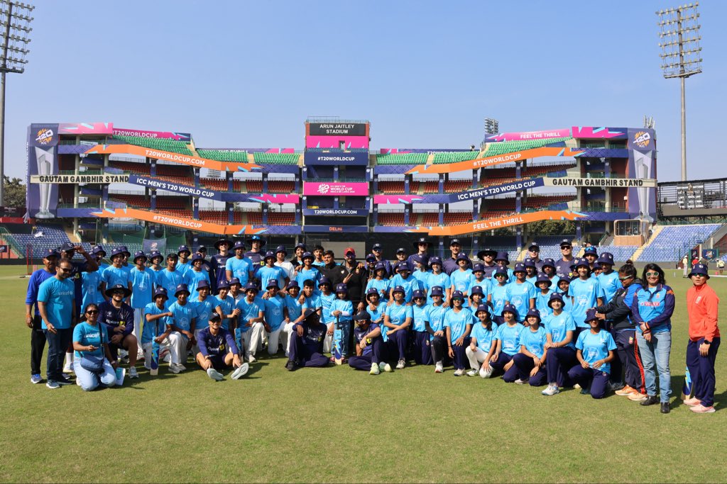 ICC's tweet photo. Teams from the #T20WorldCup shared smiles and skills with the next generation at the Cricket 4 Good clinics ❤️

#CheerForChildren @unicefindia https://t.co/1Z9ArDGdpx