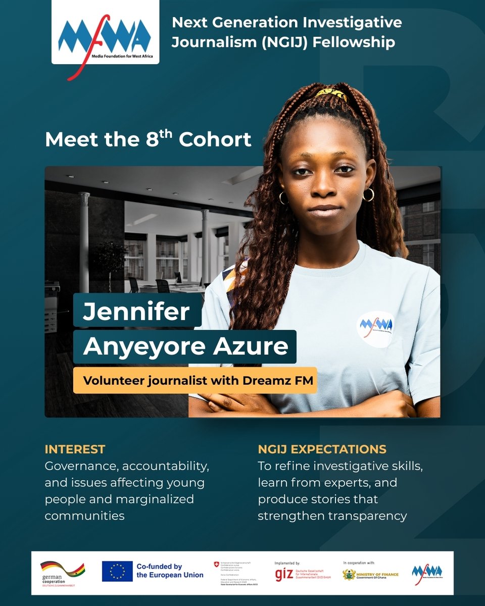 TheMFWA's tweet photo. Meet Jennifer, one of the 10 Fellows in our 8th NGIJ Cohort.

Follow her #NGIJourney and get to know the story behind the journalist.

Read her full profile here: https://t.co/6KpfBqAJNR

#8thNGIJ #PAIReD #EUandYouAgainstCorruption #FightingCorruptionInGhana

@EuropeInGhana https://t.co/kzKme6ooTq