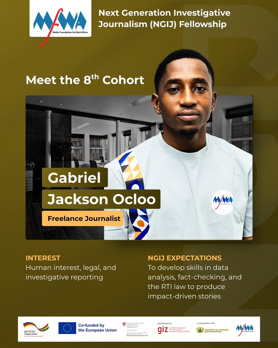 TheMFWA's tweet photo. Meet Gabriel, one of the 10 Fellows in our 8th NGIJ Cohort.

Follow his #NGIJourney and get to know the story behind the journalist.

Read his full profile here: https://t.co/6KpfBqAJNR

#8thNGIJ #PAIReD #EUandYouAgainstCorruption #FightingCorruptionInGhana

@EuropeInGhana https://t.co/HTwvlYDXY8