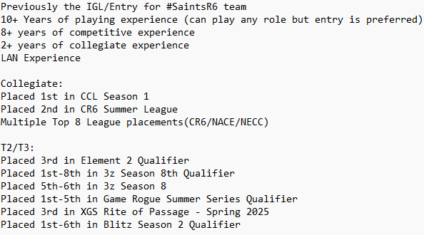 I am returning to school and I am currently looking at my options for Fall 2026

I am looking into offers from any school across NA

You can contact me on X and/or Discord (TerrorR6S)

My Tracker: r6.tracker.network/r6siege/profil…
My Liquipedia:
liquipedia.net/rainbowsix/Ter…

R6 Resume⬇️: