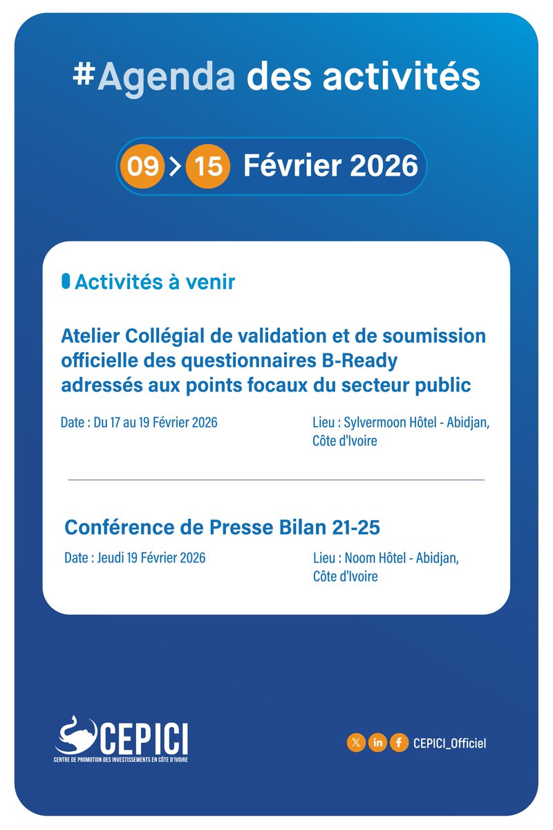 𝐃é𝐜𝐨𝐮𝐯𝐫𝐞𝐳 𝐥'𝐚𝐠𝐞𝐧𝐝𝐚 𝐝𝐞 𝐧𝐨𝐬 𝐚𝐜𝐭𝐢𝐯𝐢𝐭é𝐬 𝐝𝐮 𝟎𝟗 𝐚𝐮 𝟏𝟓 𝐅é𝐯𝐫𝐢𝐞𝐫 𝟐𝟎𝟐𝟔

Découvrez l’agenda de nos activités. Pour toute information complémentaire ou de participation, veuillez nous contacter à​ l’adresse suivante : infos.cepici@cepici.ci ou