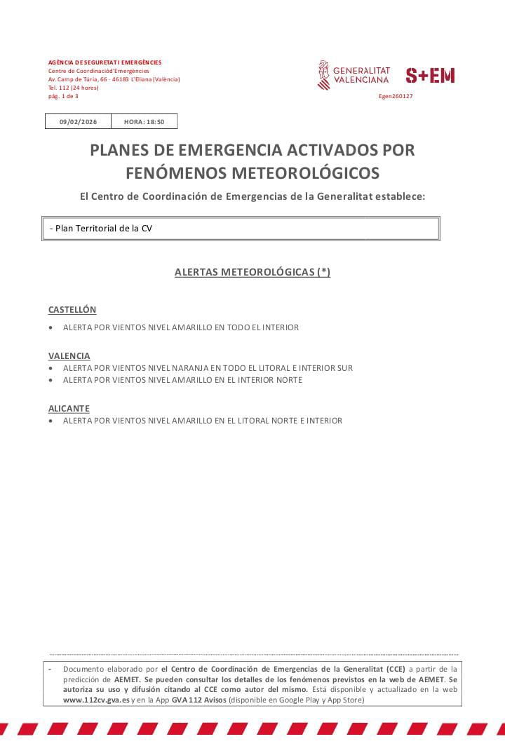 GVA112's tweet photo. (18:50h) 🚨El Centro de Coordinación de Emergencias actualiza sus alertas por fenómenos meteorológicas y establece: 

➡️Para hoy 09/02:
🟡Alerta por vientos nivel amarillo en el interior de Valencia e interior de Castellón

➡️Para mañana 10/02:
🟠Alerta por vientos nivel naranja en el litoral e interior sur de Valencia 
🟡Alerta por vientos nivel amarillo en el interior sur de Castellón e interior y litoral norte de Alicante