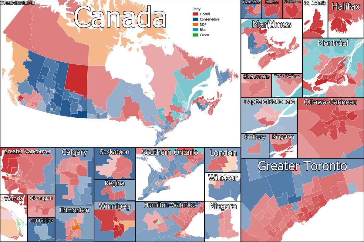 RealAlbanianPat's tweet image. Latest Research Co Poll modelled out

🔴LIB: 215 seats (+46)
🔵CON: 85 seats (-59)
⚜️BQ: 26 seats (+4)
🟠NDP: 15 seats (+8)
🟢GRN: 2 seats (+1)

🔴Liberal Majority Government

(+/- change from 2025 election)

Feel free to ask for any ridings