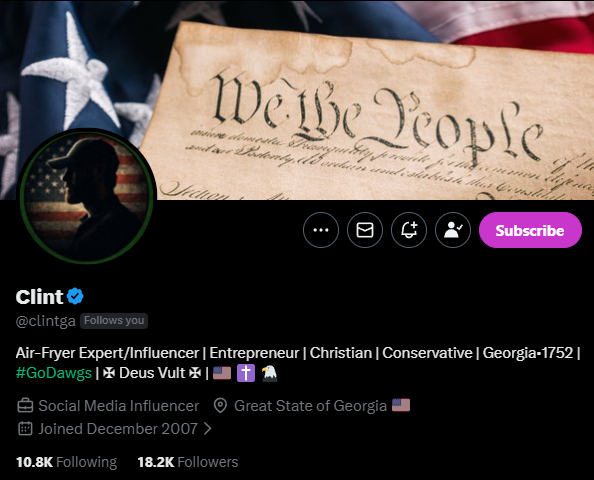 Everyone!

Let's give my buddy and great Patriot <a href="/clintga/">Clint</a> a boost.

Give him a follow and repost!