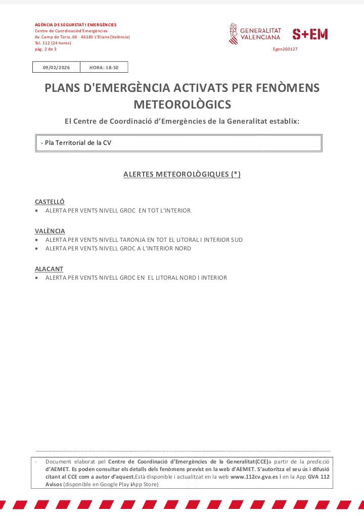 GVA112's tweet photo. (18:50h) 🚨El Centro de Coordinación de Emergencias actualiza sus alertas por fenómenos meteorológicas y establece: 

➡️Para hoy 09/02:
🟡Alerta por vientos nivel amarillo en el interior de Valencia e interior de Castellón

➡️Para mañana 10/02:
🟠Alerta por vientos nivel naranja en el litoral e interior sur de Valencia 
🟡Alerta por vientos nivel amarillo en el interior sur de Castellón e interior y litoral norte de Alicante