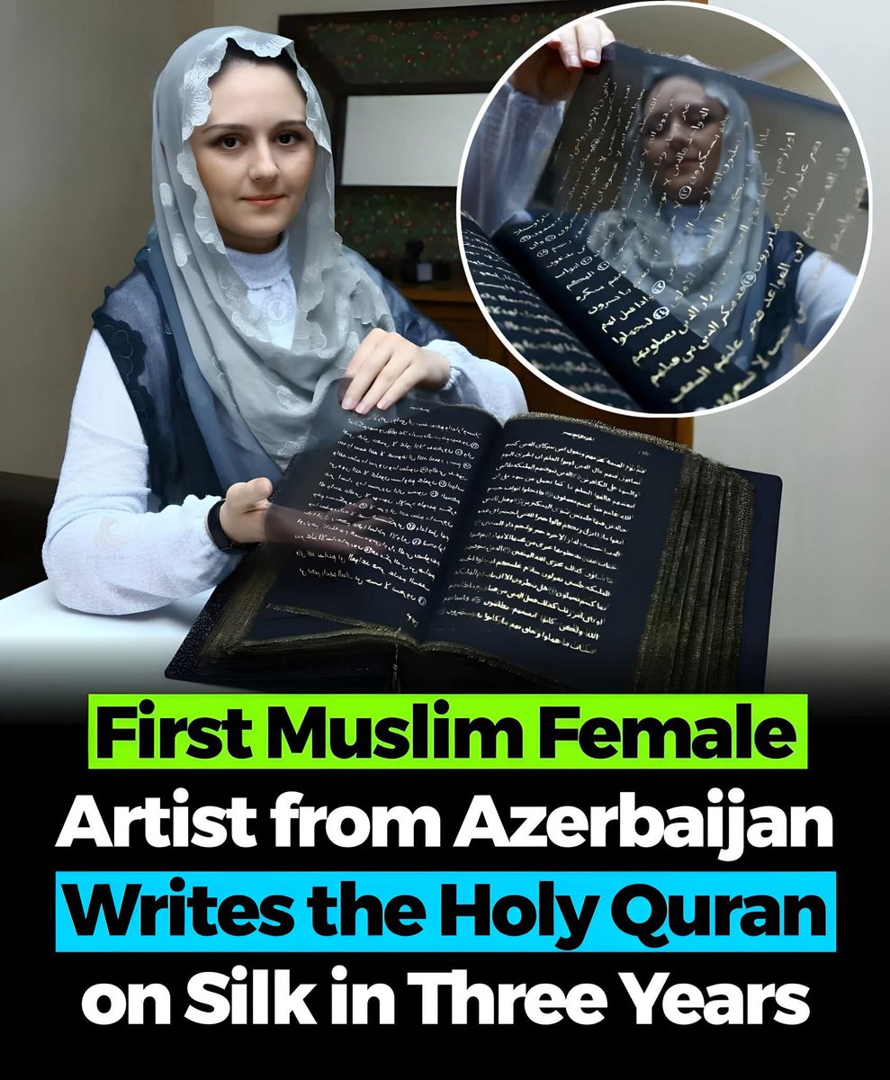 Tunzale Memmedzade, a Muslim female artist from Azerbaijan, has made history by becoming the first Muslim woman to write the Holy Quran on silk. 

The extraordinary work took three years to complete and has been widely praised for its devotion, precision, and artistic excellence.
