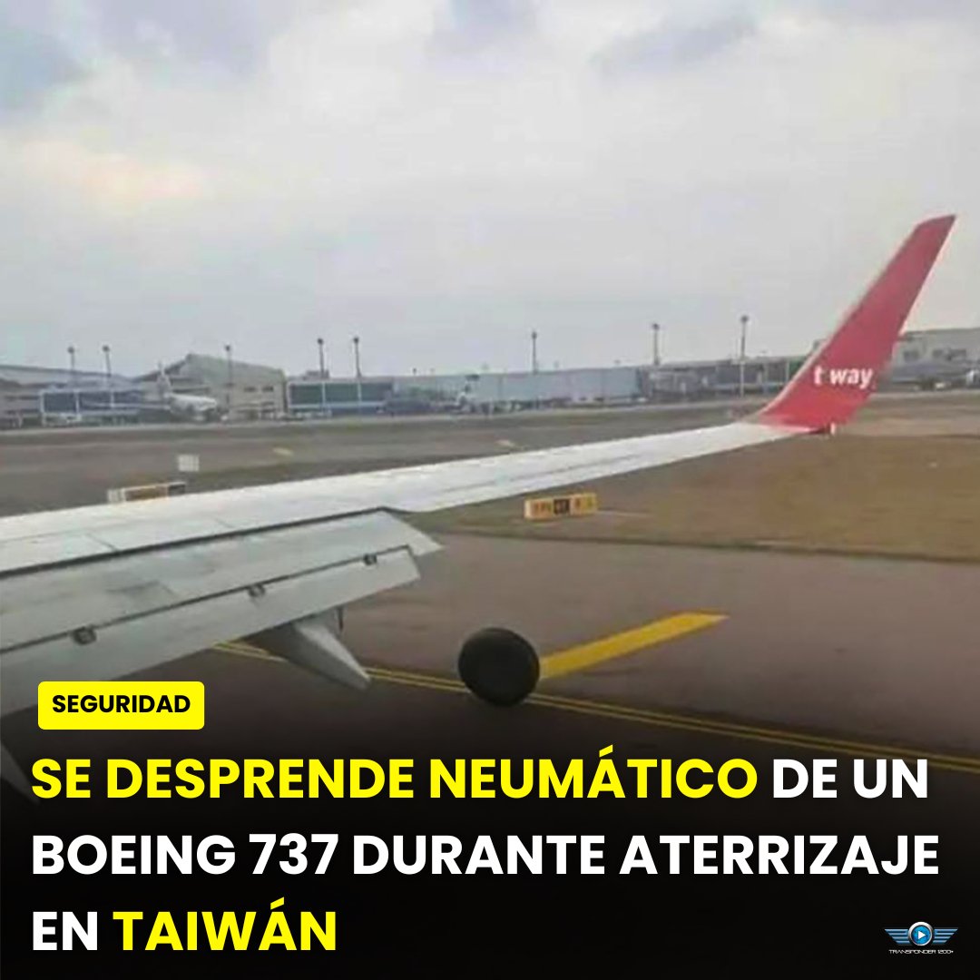 Transponder1200's tweet image. Un #Boeing737-800 de T’way Air 🇰🇷 perdió un neumático del tren principal durante el aterrizaje en Taoyuan (TPE)🇹🇼. La pista 05L–23R fue cerrada &amp;gt;90 min por FOD; operaciones se concentraron en 05R y 3 vuelos declararon urgencia de combustible.
#Aviación #SeguridadAérea #Taiwán