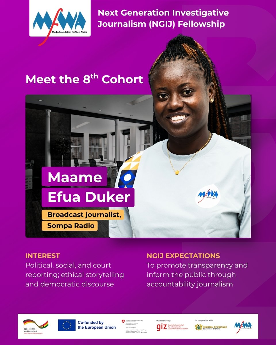 TheMFWA's tweet photo. Meet Maame, one of the 10 Fellows in our 8th NGIJ Cohort.

Follow her #NGIJourney and get to know the story behind the journalist.

Read her full profile here: https://t.co/6KpfBqBhDp

#8thNGIJ #PAIReD #EUandYouAgainstCorruption #FightingCorruptionInGhana

@EuropeInGhana https://t.co/gbPMarRKcf