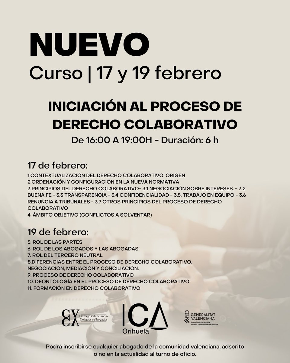 📚 Curso gratuito “Iniciación al Proceso de Derecho Colaborativo”
🗓 17 y 19 febrero 2026
💻 Streaming | ⏱ 6 h
👩‍⚖️ Abogados/as CV (turno de oficio o no)
📝 Inscripción: us06web.zoom.us/webinar/regist…
