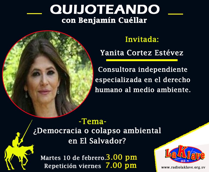 #Programa l Quijoteando 🎙
Este martes 10 de febrero no te pierdas tu programa "Quijoteando" a las 3:00 pm y su repetición viernes 7:00 pm.  ……Escúchalo en el 92.1 fm y en radiolaklave.org.sv