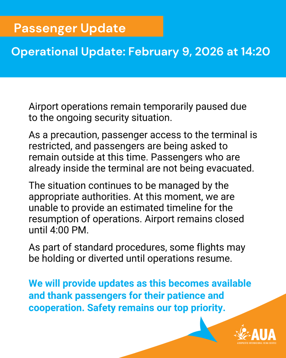 ARUBA_AIRPORT's tweet image. Airport operations remain temporarily paused due to a security situation. Passengers are asked to remain outside the terminal as authorities continue managing the situation. Updates to follow.

#aua #arubaairport #aruba #onehappyisland