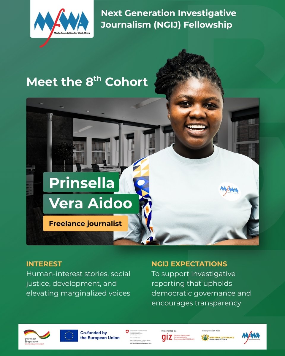 TheMFWA's tweet photo. Meet Prinsella, one of the 10 Fellows in our 8th NGIJ Cohort.

Follow her #NGIJourney and get to know the story behind the journalist.

Read her full profile here: https://t.co/6KpfBqBhDp

#8thNGIJ #PAIReD #EUandYouAgainstCorruption #FightingCorruptionInGhana

@EuropeInGhana https://t.co/piVxYhire4