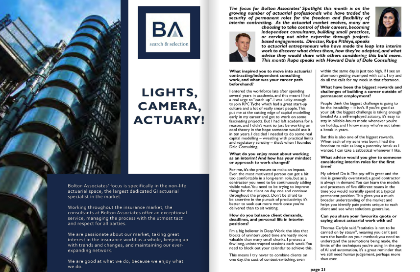 BoltonAssociate's tweet photo. Our spotlight page in the @actuarialpost magazine is focusing on the growing number of professionals who have traded their permanent role for the freedom &amp; flexibility of interim contracting. This month Rupa Pithiya speaks to Howard Dale, Dale Consulting. https://t.co/bat2WesMVx https://t.co/ZKAB7LbfWP