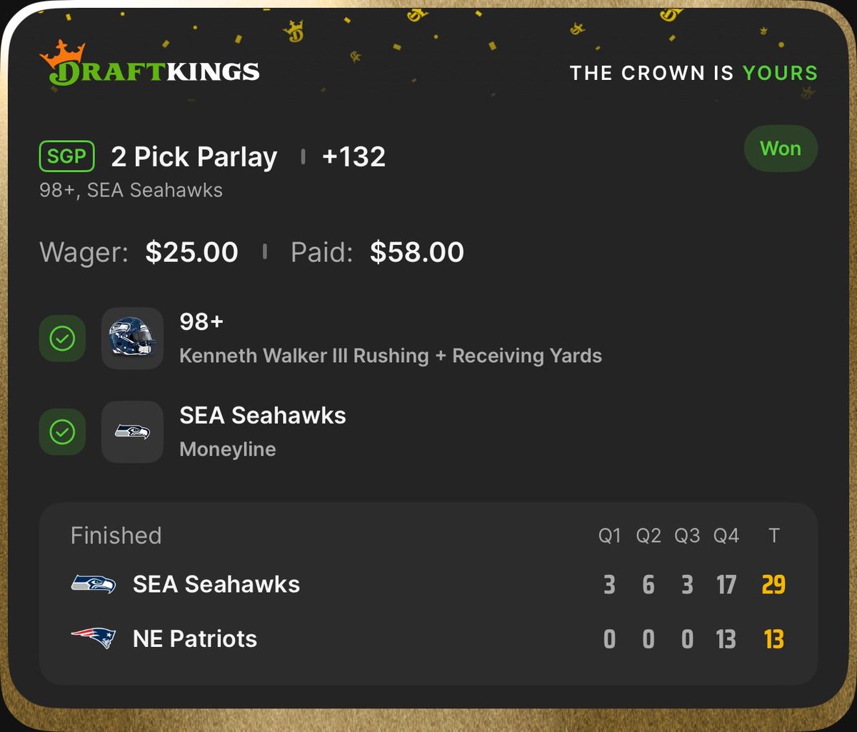 Hammerlockpickz's tweet photo. 📊2/8/26 Recap📊

📊 The Sunday Breakdown

• Total Profit: +$72.12

• ROI: 28.5%

• Cleanest Win: That PSG/Bayern/Liverpool SGP was a masterclass. +269✅

• Locked In: Kenneth Walker III total yards + Seahawks ML.

💸 Stop Guessing, Start Cashing

If you’re tired of grinding your bankroll down to zero every weekend, come hang out in the Discord. I’m posting the same exact plays I’m putting my own money on.

We’ve got the data, the community, and most importantly, the results. Let’s get to work on today’s slate!