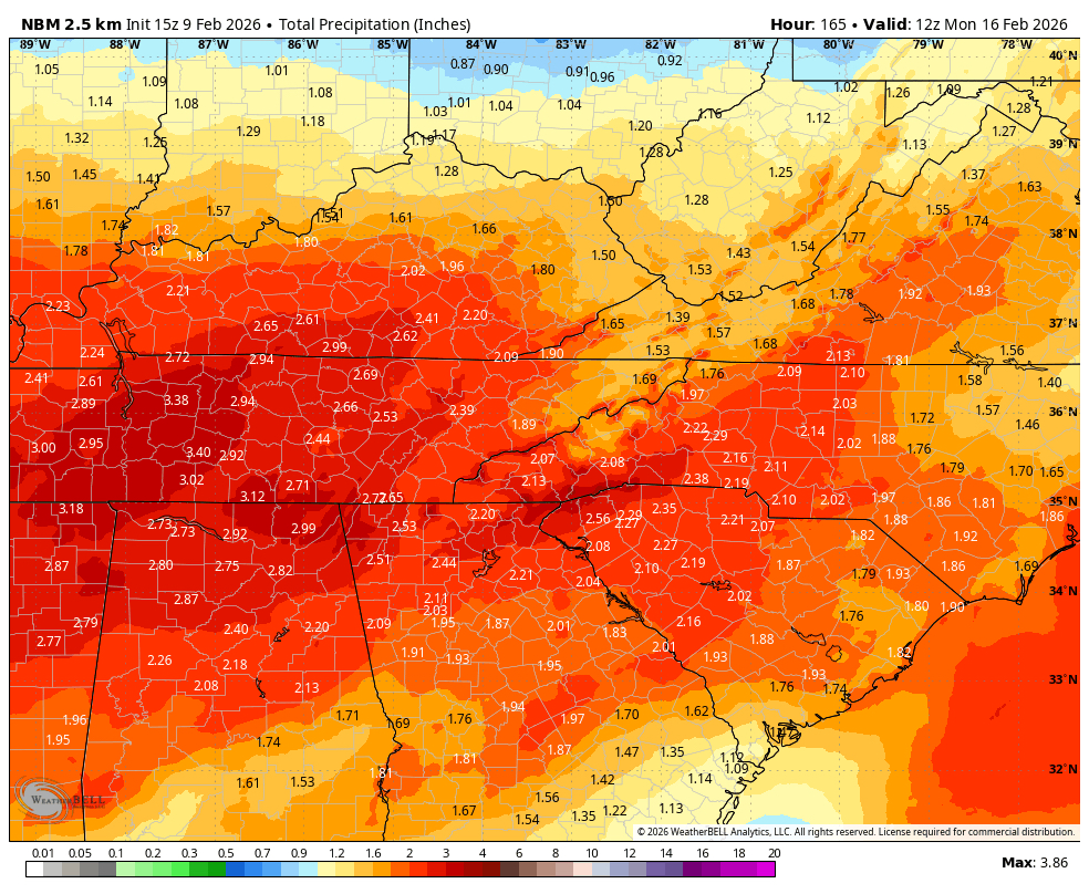 All signs point to a significant storm system this weekend across the Southeast. 

This looks to be in liquid form right now. The National Blend of Models are quite impressive at this time showing 1-3 inches of rain. 🌧️ 

Hopefully this gets the excess salt/sand off local roads.