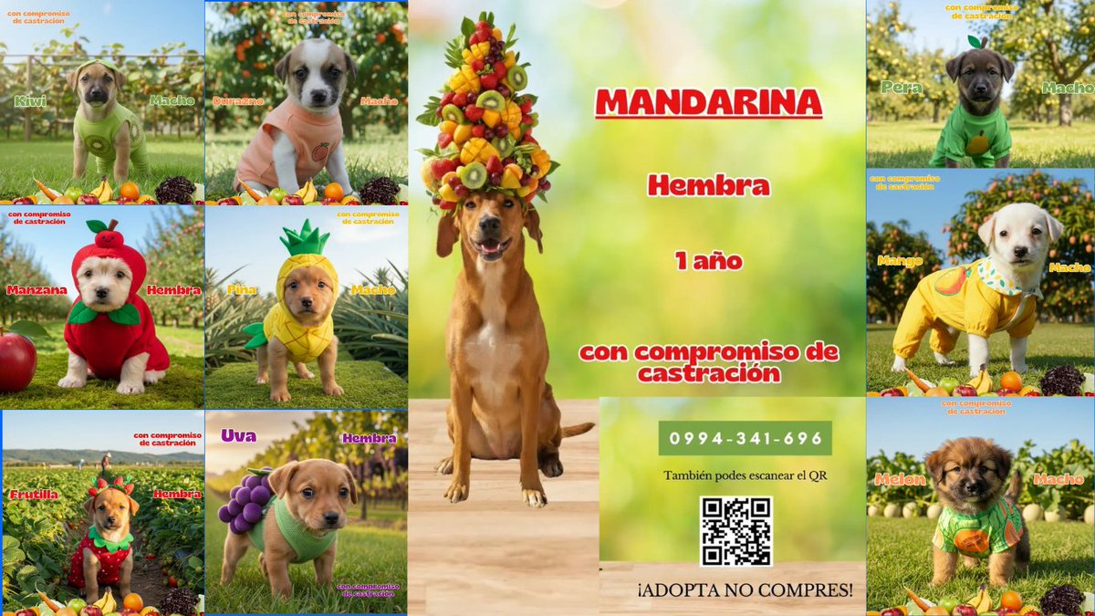 ▶️¿QUÉ FRUTAS ELEGIRÍAS VOS PARA LLEVARTE A TU CASA? | 🤭🫣

🍊🐕 Defensa Animal lanzó su catálogo de mascotas que buscan un hogar.

👉🏻La perrita Mandarina tuvo varios cachorros y ahora están buscando una familia. 

☎️ Podés contactar al 0994 341 696.