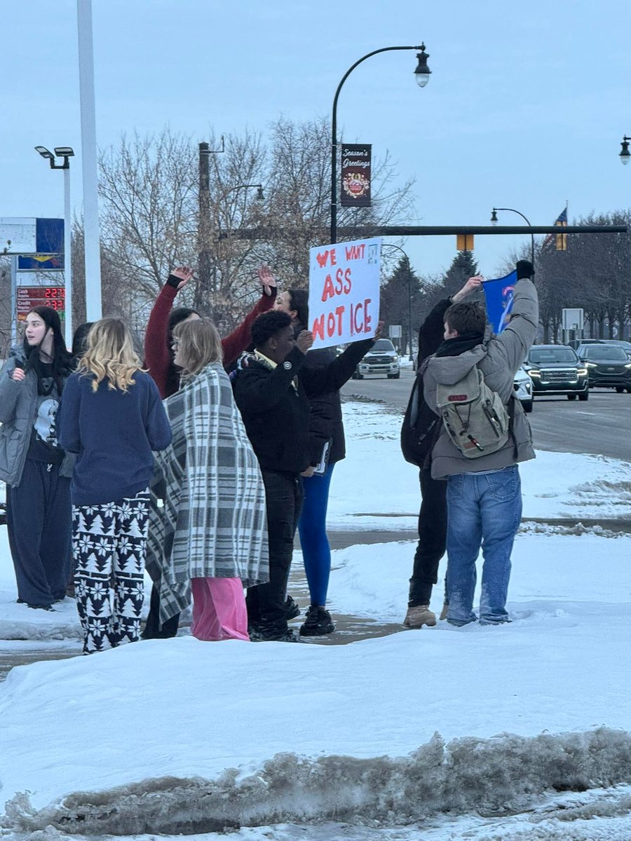 Happening now. Taylor Michigan high school. Arrest the school staff now. Pushing politics, sex &amp; transgender ideology on our children. The kids' sign reads "We want ass, not Ice" wtf.