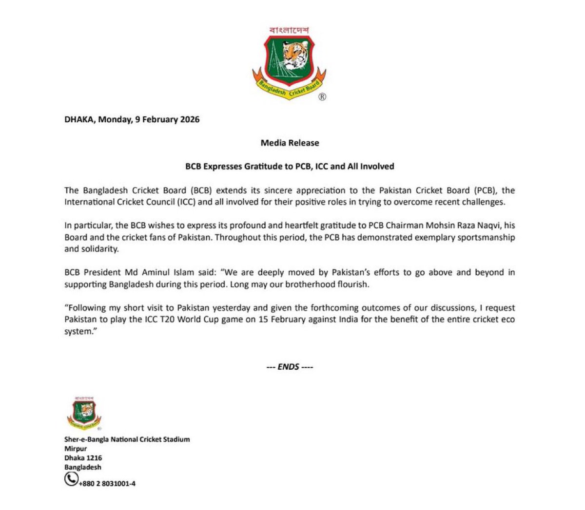 🚨BREAKING;

Statement from BCB chief. 

"Following my short visit to Pakistan yesterday and given the forthcoming outcomes of our discussions, I request Pakistan to play the ICC T20 World Cup game on 15 February against India for the benefit of the entire cricket eco system."