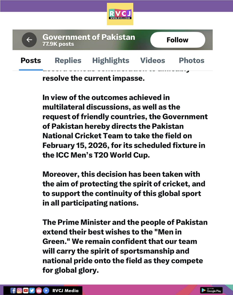 RVCJ_Sports's tweet photo. Pakistan's epic U-turn confirmed! 🇵🇰 Government orders team to face India in T20 World Cup clash on Feb 15 in Colombo – old habits die hard? 😂 #PakistanUturn #IndVsPak #T20WorldCup2026 #CricketNews #PCBUturn #IndiaPakistanRivalry https://t.co/2zfrcpoRsi