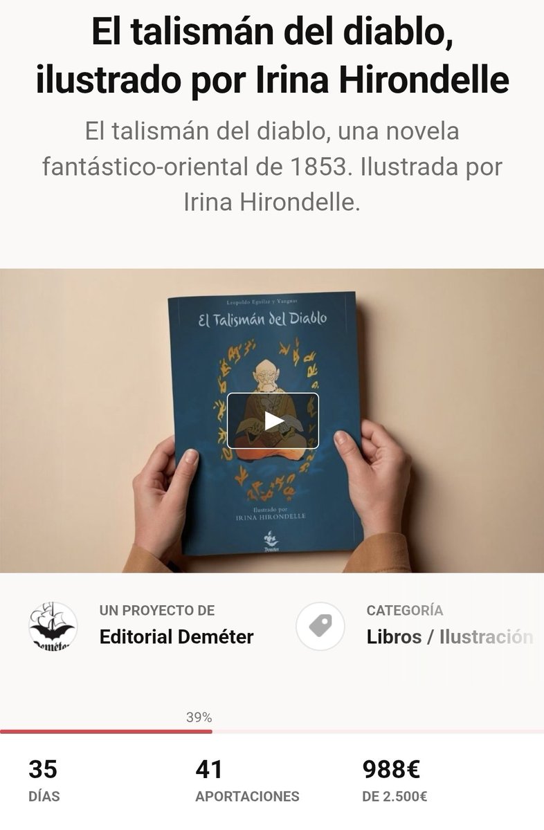 A sólo 12€ para los 1000🎉🎉
Seguimos adelante con esta 
edición ilustrada (por #IrinaHirondelle) de una novela española de 1853. 
Un cuento al estilo 
de Las Mil y Una Noches.

Estamos en #preventa a través de <a href="/verkami/">Verkami</a>

Es muy fácil participar 
Click 👇
vkm.is/talisman
