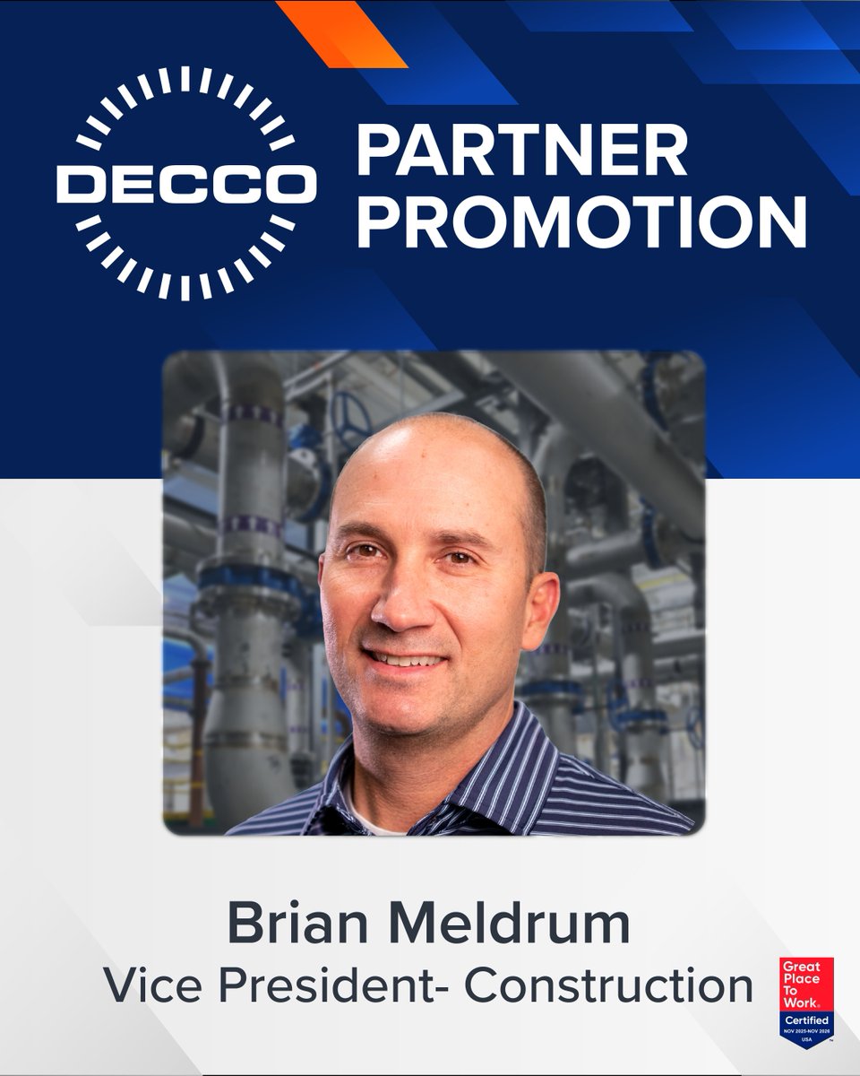 📣 We are pleased to announce that Brian Meldrum has been promoted to Vice President of #Construction!
#PromotionAnnouncement #Leadership #EmployeeSpotlight #GreatPlaceToWork #NewHampshire #MechanicalContractor #Promotion #DECCODifference