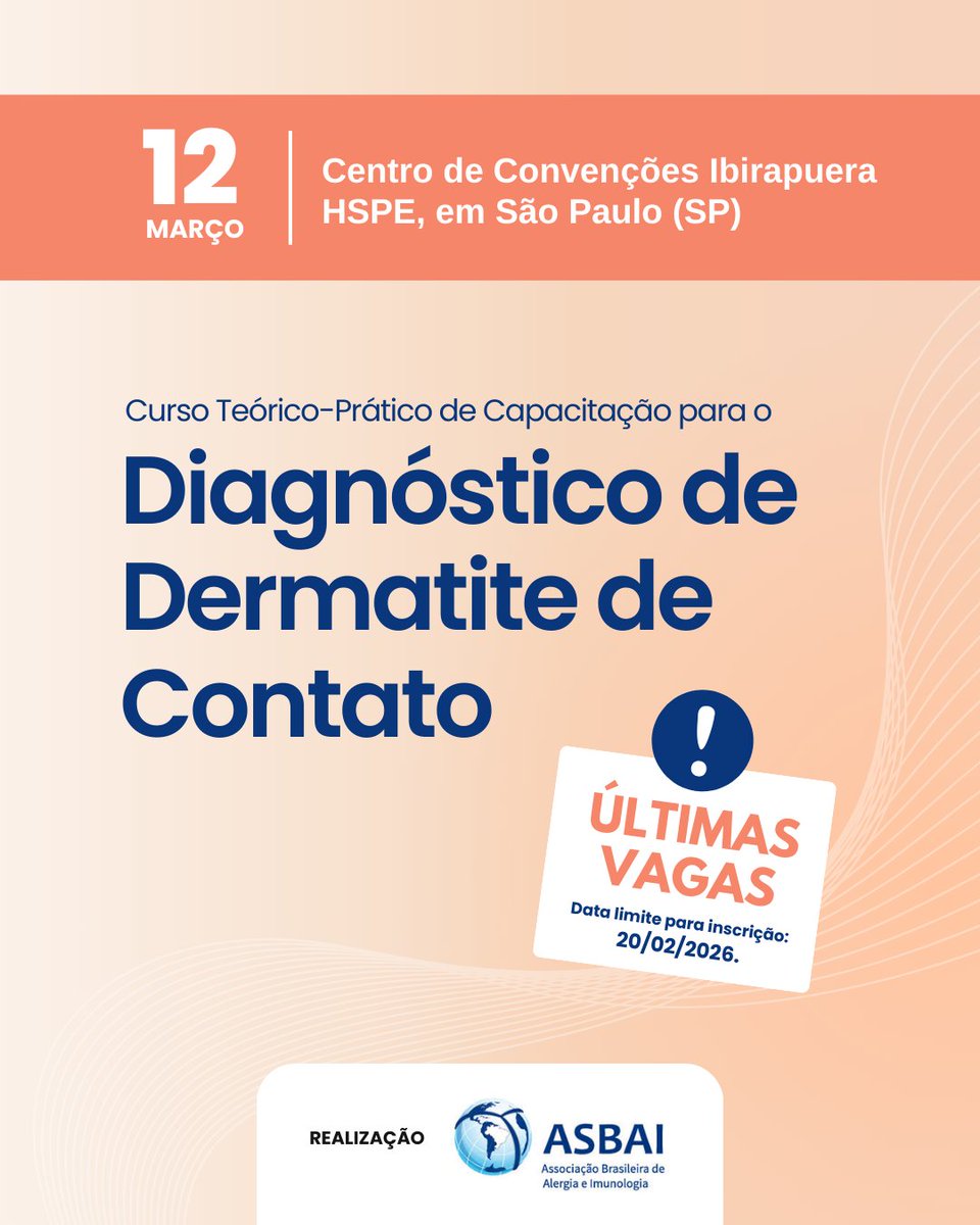 Restam poucas vagas para o Curso Teórico-Prático de Capacitação para o Diagnóstico de Dermatite de Contato.

As inscrições terminam dia 20/02.

Acesse o link e garanta a sua participação: associacoes.softaliza.com.br/evento/curso-t…

#dermatitedecontato #alergia #imunologia #educaçãomédica #ASBAI