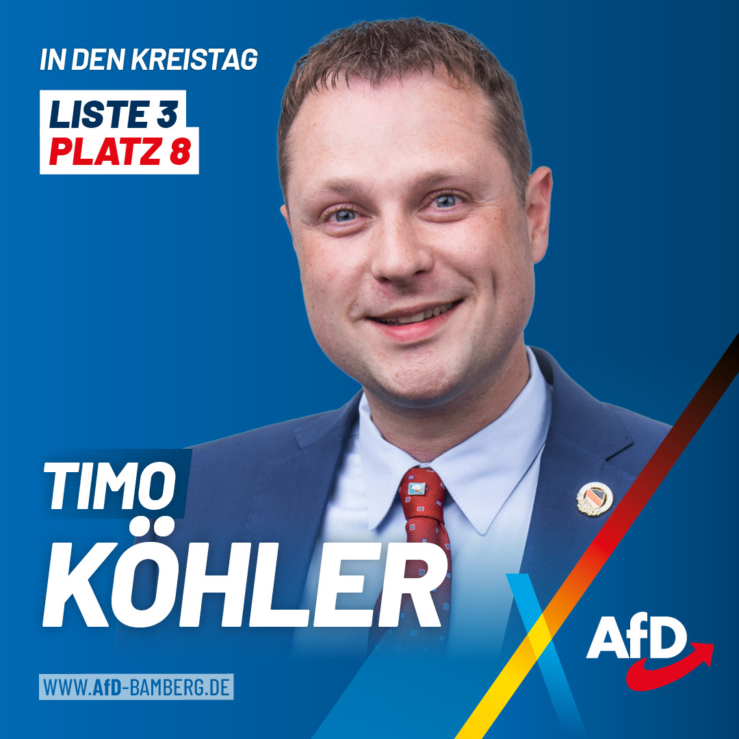 Unsere Kandidaten für den Kreistag Bamberg 🗳️

Liste 3 • Platz 8 
👤 Timo Köhler 
🏠 Hallstadt (Dörfleins) 
💼 Berufskraftfahrer 
🏛️ Kreisrat 

Alle Kandidaten für den Kreistag finden Sie unter: afd-bamberg.de/kandidaten-zur…