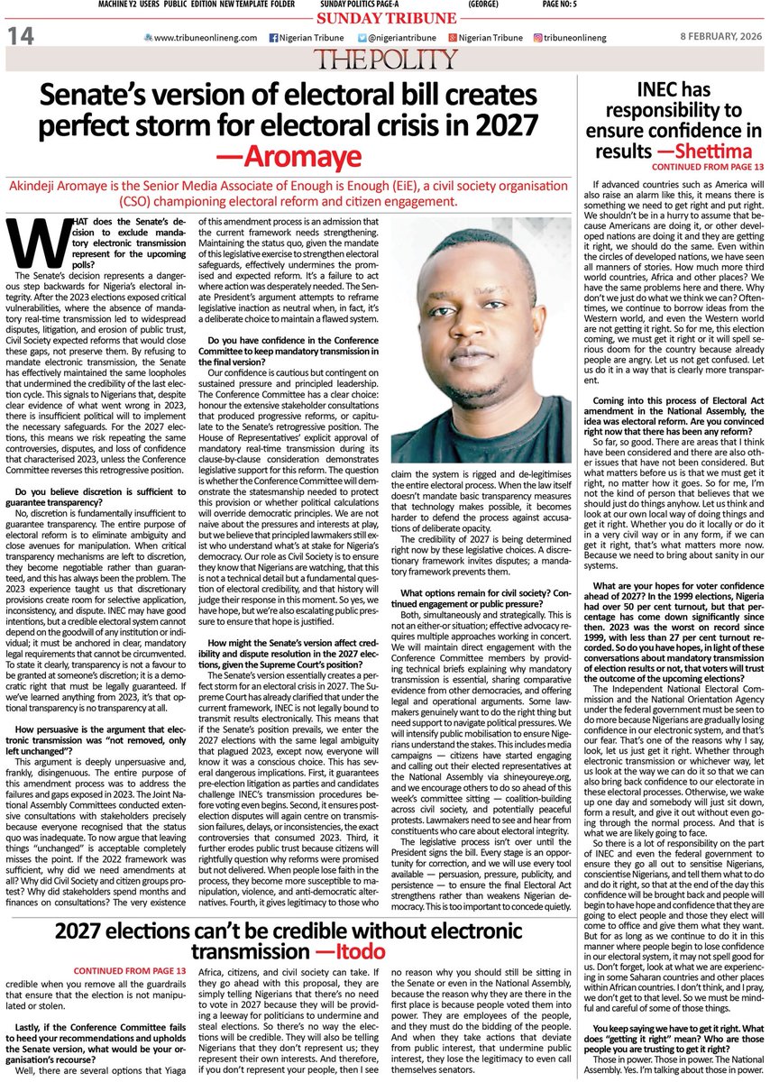 Nigeria’s 2027 elections face a credibility crisis.
The Senate has maintained the status quo that undermined 2023 elections, keeping electronic transmission optional rather than mandatory.
<a href="/Deji_AAA/">Deji 𓃵</a> breaks down what’s at stake for our democracy 👇