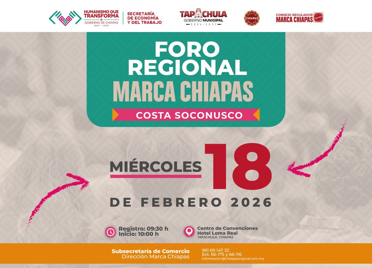 📣Te invitamos a participar en el✨Foro Regional Marca Chiapas✨.  Para fortalecer la identidad, competitividad y proyección de los productos/servicios en la región Costa Soconusco.
#MarcaChiapas #ForoRegional #CostaSoconusco #Tapachula #ChiapasOriginal #DesarrolloRegional