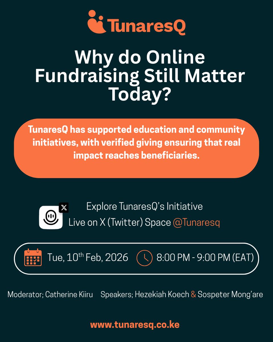 📌📌We’re going LIVE today | 8:00–9:00 PM (EAT) on X Spaces. 

Join the conversation on verified giving, real impact, and how communities are being supported through transparent fundraising on TunaresQ.