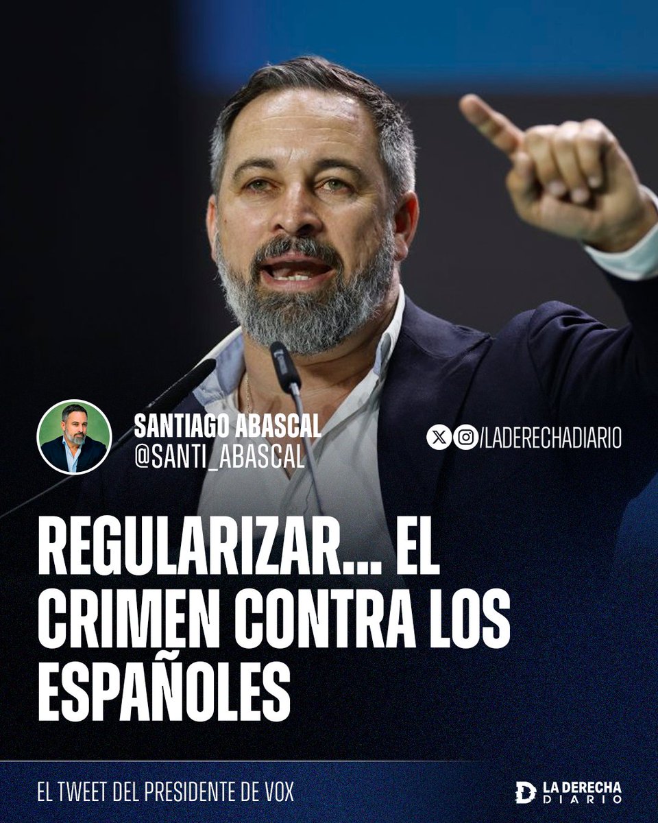 🚨🇪🇸 | "Regularizar... el crimen contra los españoles": Santiago Abascal explotó contra el corrupto Pedro Sánchez luego de que un inmigrante ilegal marroquí violara y asesinara a una mujer en Baracaldo aplicándole la “mataleón”.