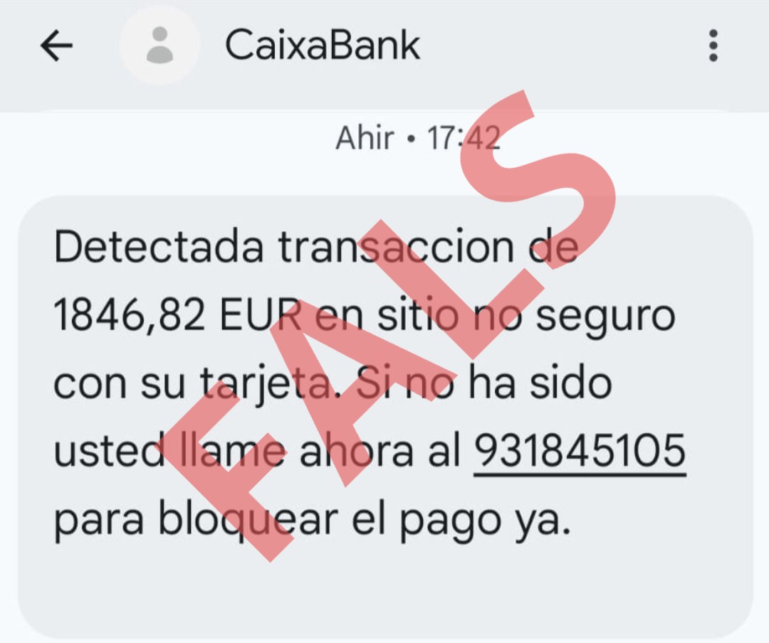 Si reps un missatge com aquest que suplanta CaixaBank, no truquis al telèfon que t'indica. Primer comprova els teus comptes per veure si realment s'ha fet aquesta transacció o truca directament al telèfon d'atenció al client del teu banc.

#InternetSegura