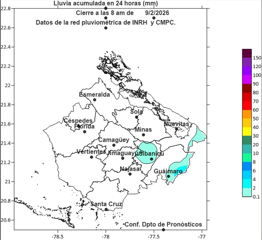Comportamiento de las variables meteorológicas en las últimas 24 horas para la provincia de Camagüey y mapa de lluvia según información del INRH.