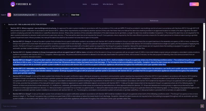 FireCodesAI's tweet image. FireCodes AI answering a question on manual fire alarm boxes in Group B occupancies using SC’s adopted 2021 IBC/IFC. Chat summarizes, References show code text for verification. Built for faster, safer search, without replacing professional judgment. 

firecodes.ai