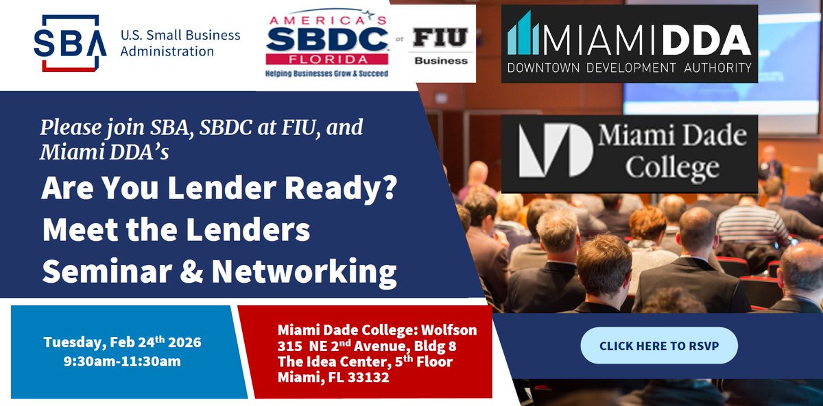 Are You Lender Ready? Join us for a seminar designed to equip business owners and entrepreneurs.

Part 1, Tues., Feb. 17, 10 am - 12 pm

Register for part 1: eventbrite.com/e/sba-sbdc-at-…

Part 2, Tues., Feb. 24, 9:30 am - 11:30 am

Register for part 2: eventbrite.com/e/sba-sbdc-at-…