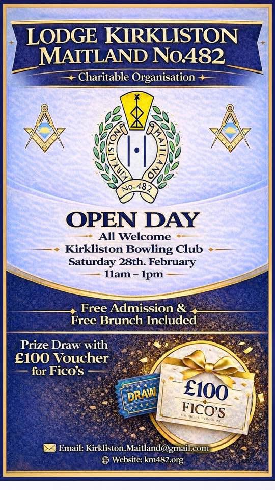 KM482masons's tweet photo. Curious about who we are and what we do?
Lodge Kirkliston Maitland No. 482 are holding an Open Day and everyone is welcome.

📍 Kirkliston Bowling Club
🗓 Saturday 28th February
⏰ 11am – 1pm

✔️ Free brunch included
✔️ Learn about our charitable work and what Freemasonry is. 🏴󠁧󠁢󠁳󠁣󠁴󠁿 https://t.co/lVBWHpVEYh