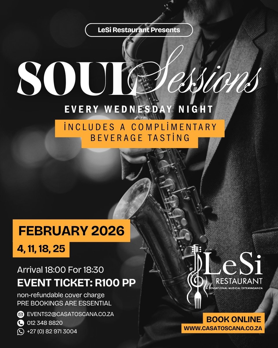 LeSiRestaurant's tweet photo. This Feb 2026, Wednesdays get soulful 🎶
Join our Wednesday Soul Sessions in Pretoria – smooth jazz, laid-back luxury &amp; a complimentary tasting of premium wine, whiskey or brandy.
R100 pp | Limited seats
Book now 👉 https://t.co/yAPM5OCXJz https://t.co/TWgecI5EFx