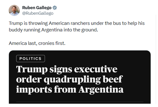 Still waiting for any comment from GOP lawmakers and US cattle groups about Trump allowing big increase in beef imports from Argentina.  So far, it's only Democrats saying anything
