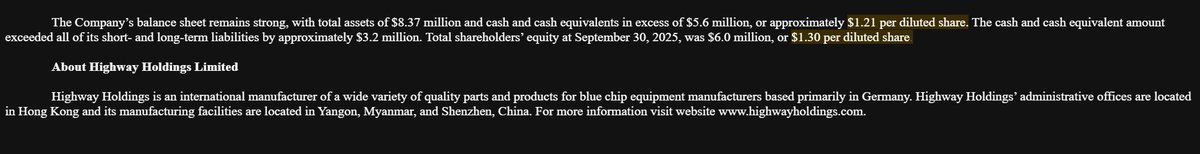 $HIHO from latest 20-F filing;

- The Company’s balance sheet remains strong, with total assets of $8.37 million and cash and cash equivalents in excess of $5.6 million, or approximately $1.21 per diluted share.

- The cash and cash equivalent amount exceeded all of its short-