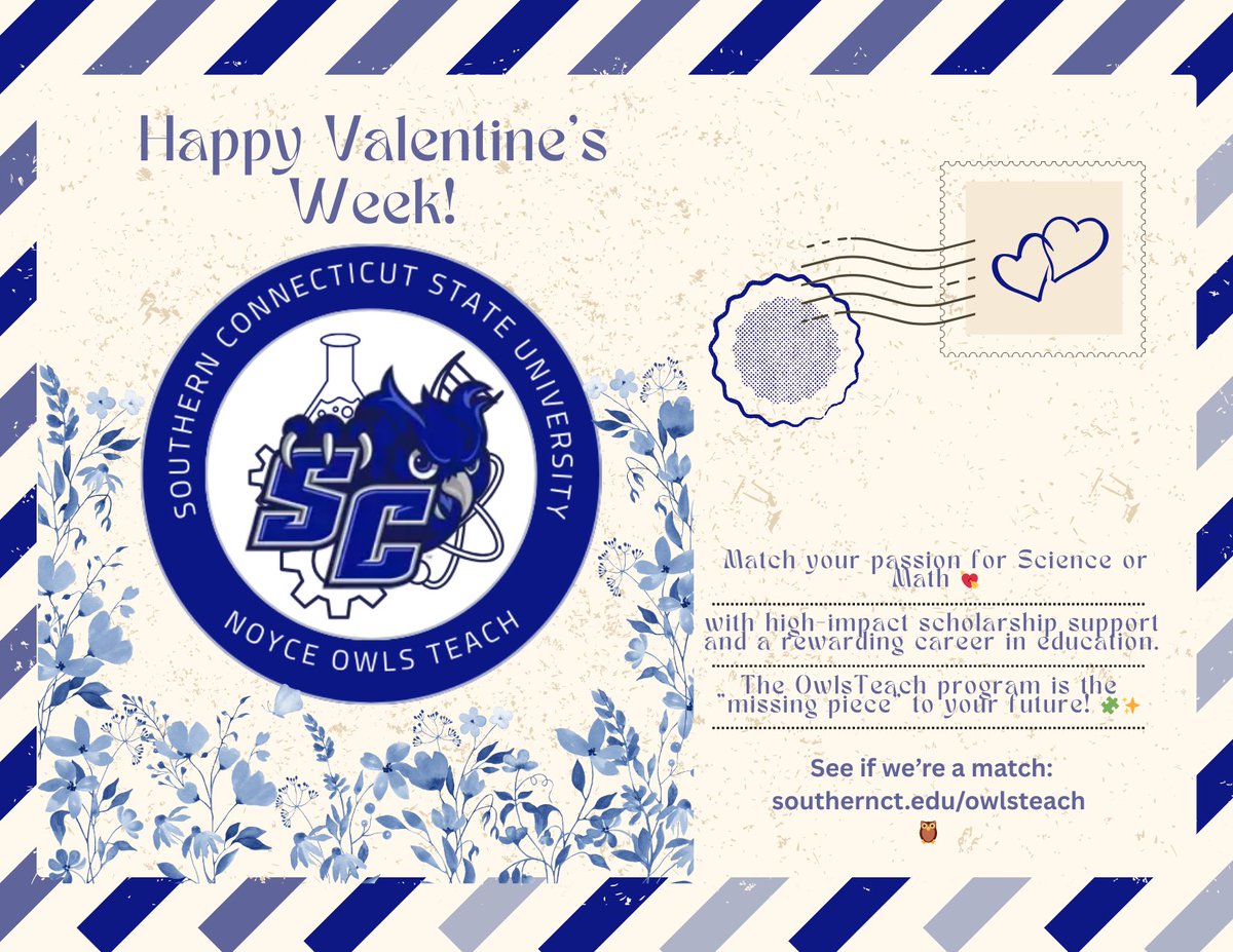 Roses are red, 🌹 Violets are blue, 💙 Our Noyce Scholars love STEM, 🧪 And the students they teach do too! 🦉

Match your passion, The OwlsTeach program is the "missing piece" to your future as a STEM leader! 🧩✨

See if we’re a match: southernct.edu/owlsteach 🦉 
#SCSU
#STEM