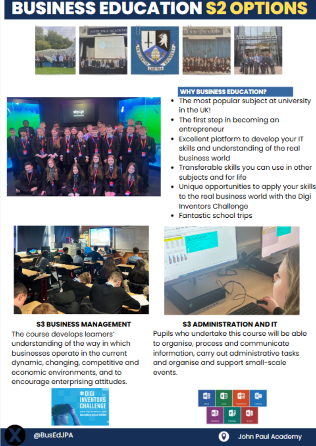 BusEdJPA's tweet photo. 🤝Delighted to celebrate the success of our young people at the S2 Parents' Evening tonight. Please see the subjects we offer in the department for S3 below @johnpaulacademy: https://t.co/zXoQgJr7GL