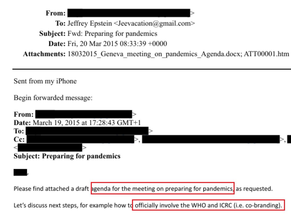 1. Vorschlag an Epstein für eine Pandemievorbereitung in Genf, 2015.
2. Angestrebt wird eine offizielle Markenkooperation mit WHO und Rotem Kreuz.
3. Laut US-Regierung wurden in den #EpsteinFiles nur die Namen der Opfer geschwärzt ...

Hintergrund: Lauterbach schwärzte in den