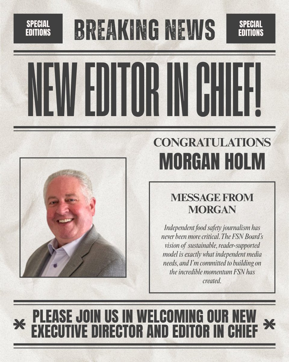 foodsafetynews's tweet image. Please join us in welcoming Morgan Holm as our new Executive Director and Editor-in-Chief! We look forward to his leadership and the continued growth of our mission. 🎉
#editorinchief #newleadership #foodsafety
