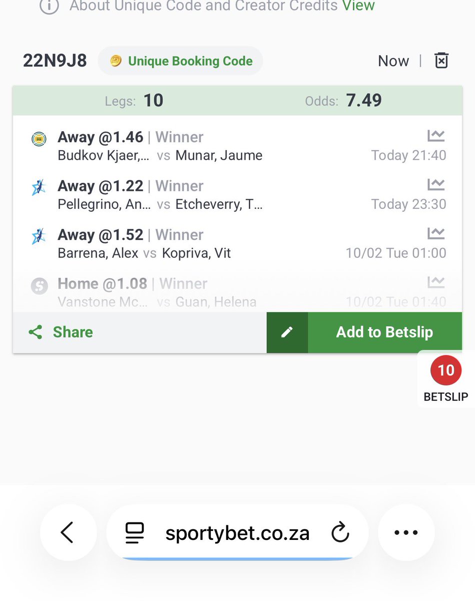 Tennis slip for <a href="/SportyBetZA/">SportyBet South Africa</a> fam 🎾

Hey check out the bet I just placed on Sportybet! sportybet.co.za/player/ziggydi…

Link to register: sportybet.co.za/za/?utm_source…