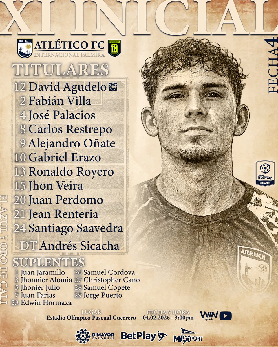 📝 Alineación Azul y Oro de Cali

Desde los salones del honor y la disciplina del arte colectivo, el #AtléticoFC se presenta en escena para el desafío ante <a href="/internaciopalmi/">Internacional F.C. de Palmira</a> , en condición de local.
Fútbol como obra, entrega como legado💙💛⚜️