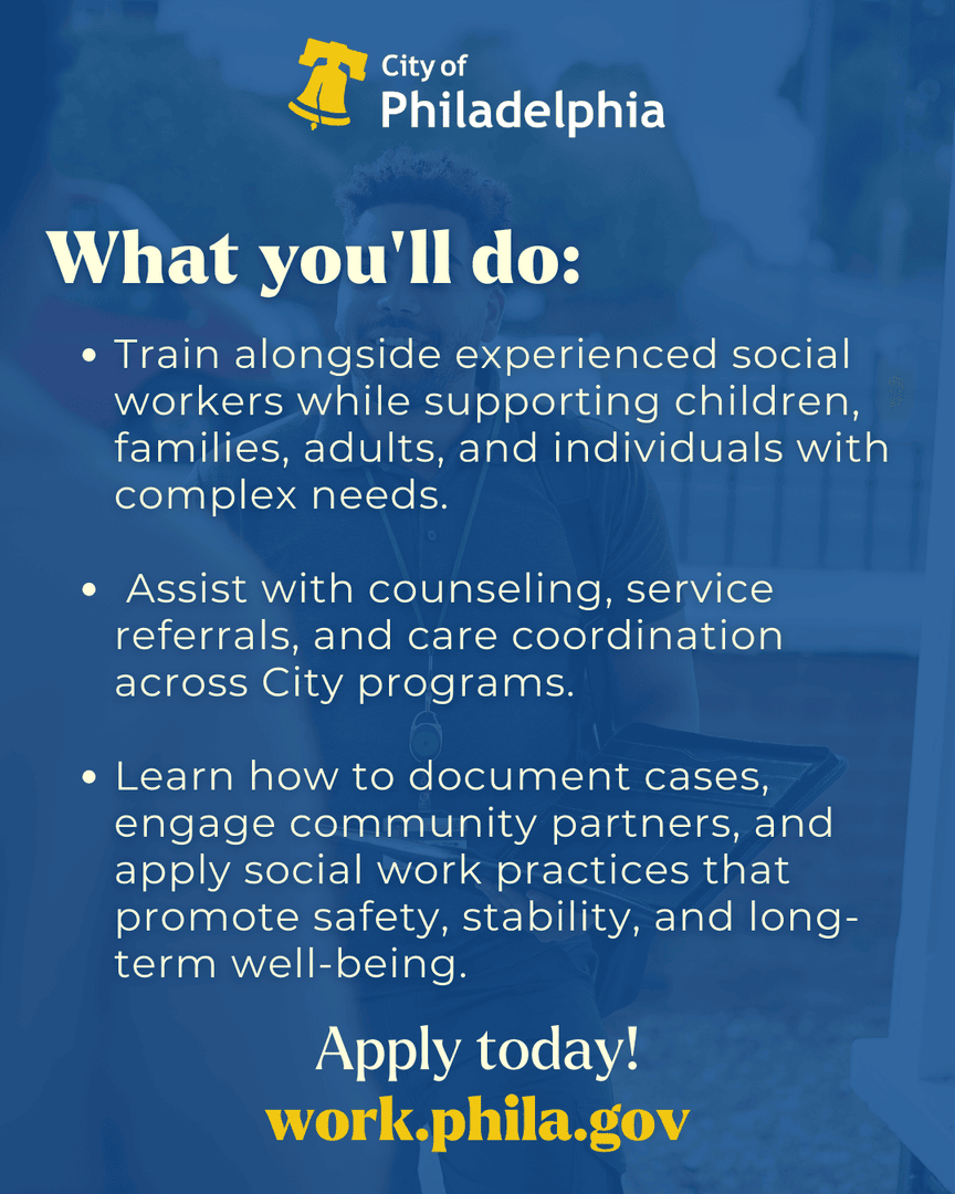PhilaOHR's tweet image. Start a career that helps families and strengthens Philly communities.

The City is hiring Bilingual Social Work Services Trainees — apply today at work.phila.gov.

#PhillyJobs #SocialWork #Bilingual #PublicService