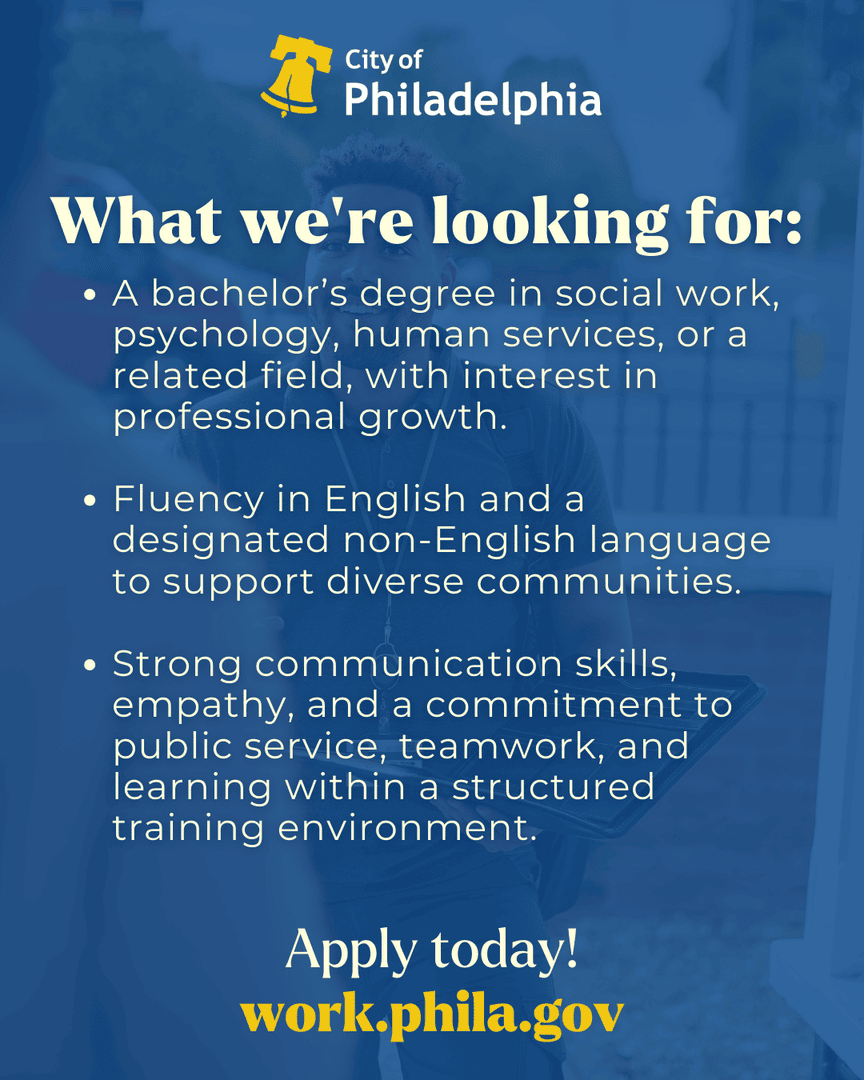 PhilaOHR's tweet image. Start a career that helps families and strengthens Philly communities.

The City is hiring Bilingual Social Work Services Trainees — apply today at work.phila.gov.

#PhillyJobs #SocialWork #Bilingual #PublicService