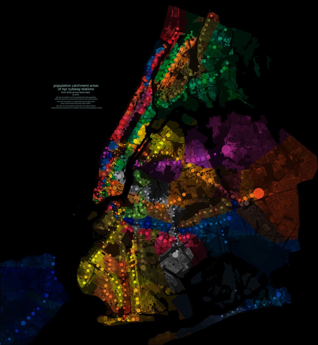 bradhoylman's tweet photo. A different way to look at New York City.

This map shows the population closest to each subway station—revealing how transit shapes daily life across the city. 

Credit: @amanitahalo (https://t.co/xhPuFPagzB ) https://t.co/ooKTZFQGyO