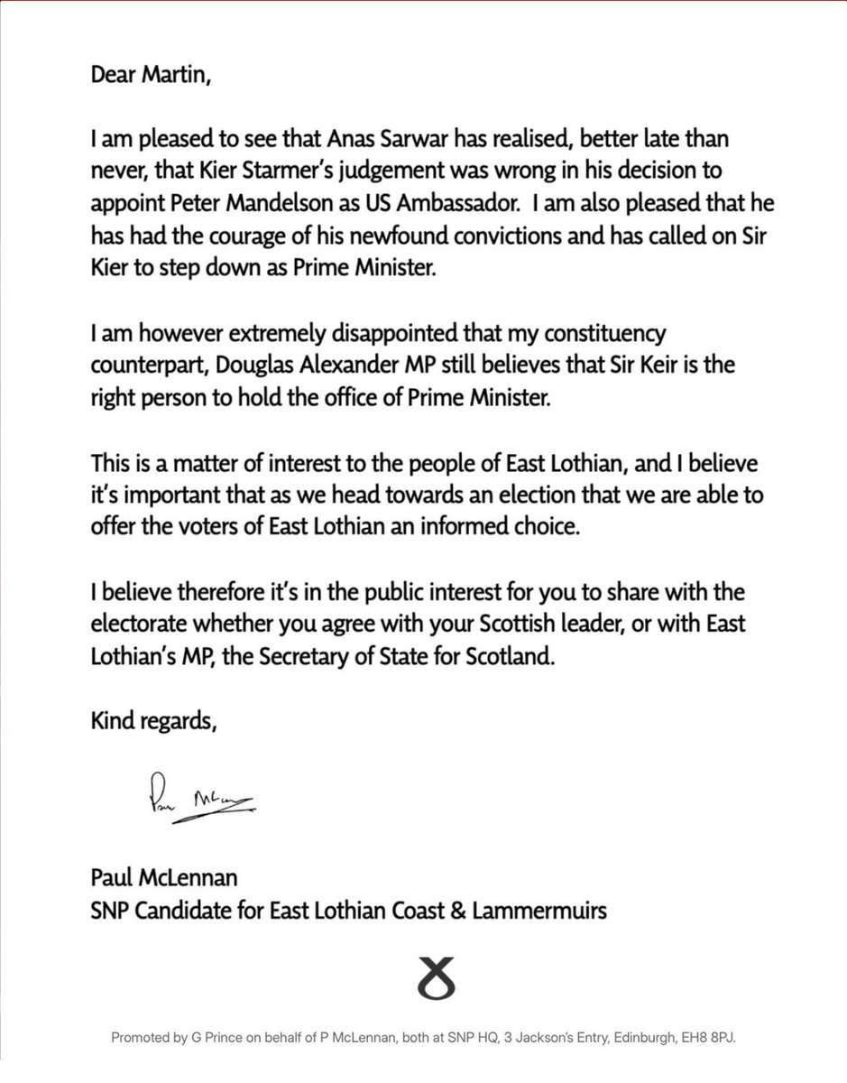 I have written to my colleague <a href="/_MWhitfield/">Martin Whitfield MSP</a> the Scottish Labour candidate for East Lothian Coast &amp; Lammermuirs, seeking clarification on his views in regard to Anas Sarwar’s call this afternoon for the resignation of the the Prime Minister.