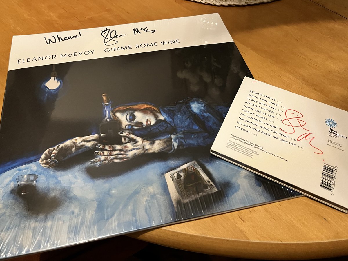 blue_In_the_end's tweet photo. Finally, the vinyl from @eleanormcevoy arrived—and to my surprise, it was signed. I’ll keep it with the CD Eleanor McEvoy signed for me too, Pure treasure 🤍🤍🤍 Gimme Some Wine https://t.co/Fqdkmwmrkf